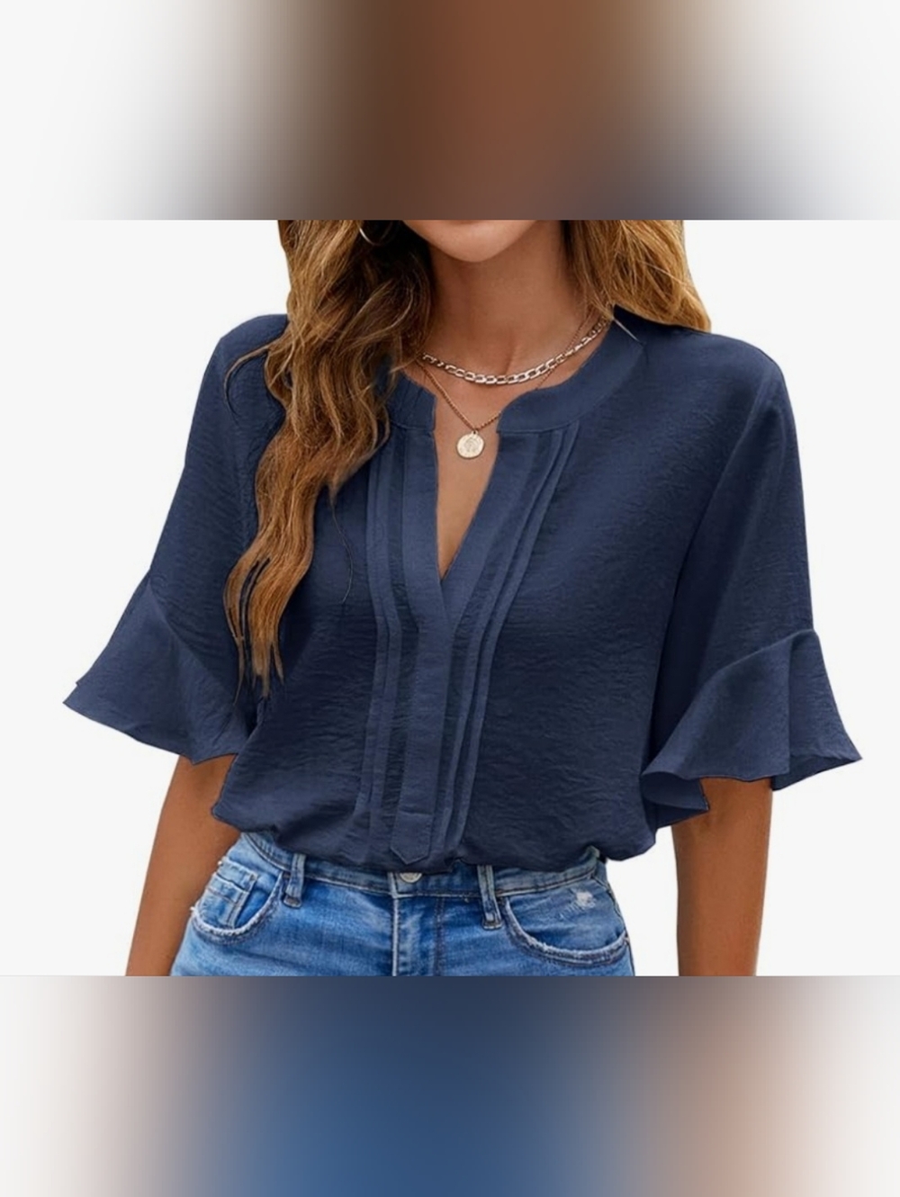 Women’s Navy Pleated V-Neck Blouse